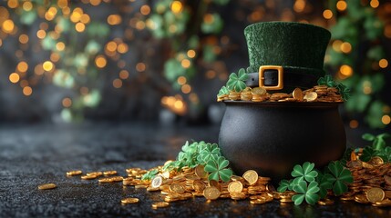 Leprechaun Hat on Pot of Gold Coins with Shamrocks, St. Patrick's Day Celebration