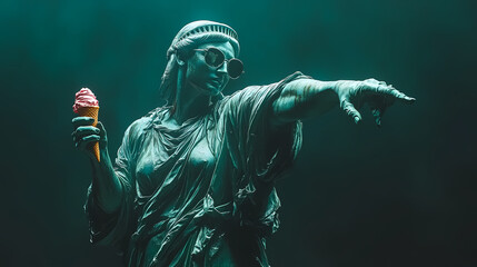 Statue of Liberty with ice cream cone in dark setting