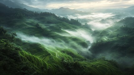 Obraz premium Misty morning over a valley with rice paddies.