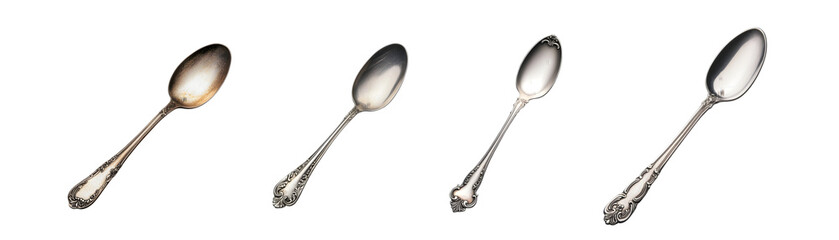 Four vintage silver spoons showcasing varying degrees of shine and patina.
