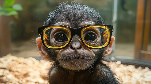 A young monkey wearing oversized glasses curiously gazes at the camera in a zoo environment during the daytime