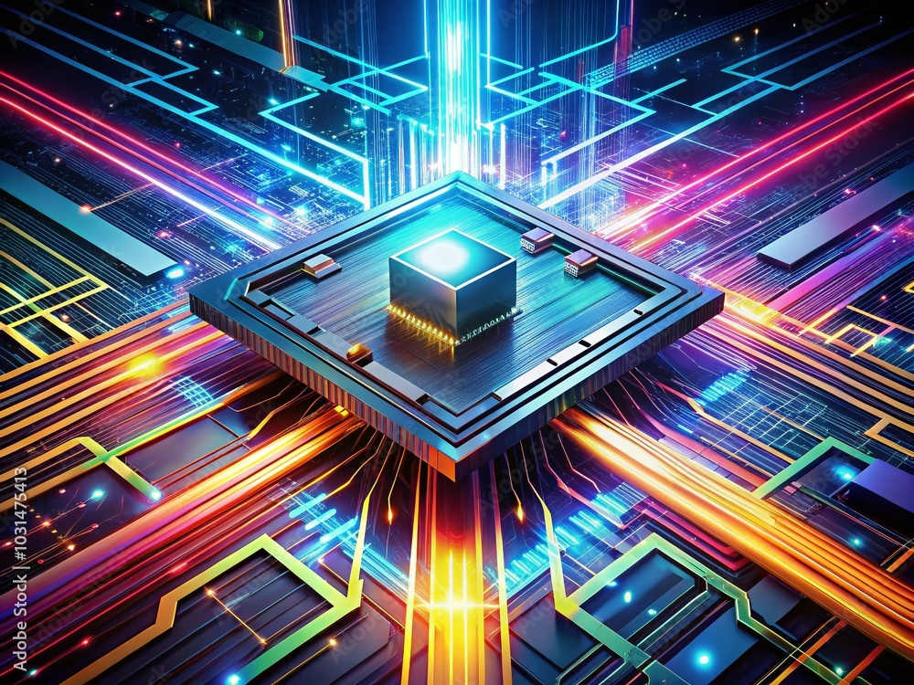 Poster long exposure of ai-powered processors and machine learning in robotics and digital technology