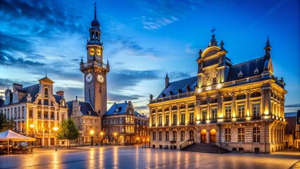 Fototapeta premium Long Exposure of Charleroi Town Hall and Saint Christophe Church in Place Vauban, Wallonia, Belgium