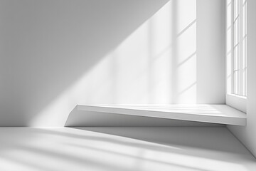 Minimal white interior walls with soft sunlight shadows to write in PowerPoint margins, lettersable images