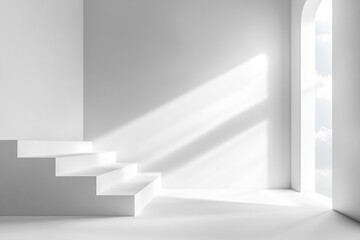 Minimal white interior walls with soft sunlight shadows to write in PowerPoint margins, lettersable images