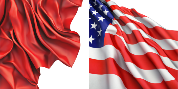 The image depicts the flags of China and the United States, showing the contrasting colors and textures of each flag against a transparent background.