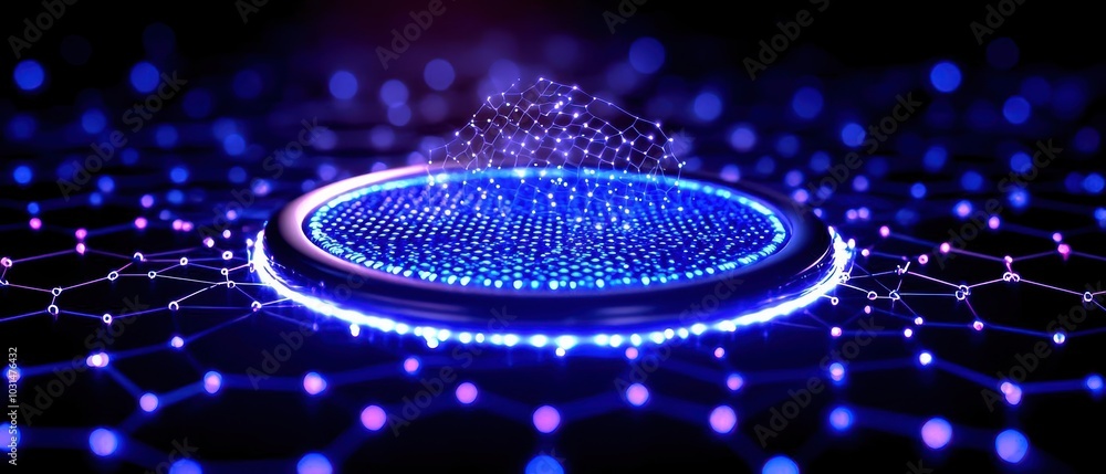 Poster abstract glowing blue futuristic technology background with circular patterns and light effects.