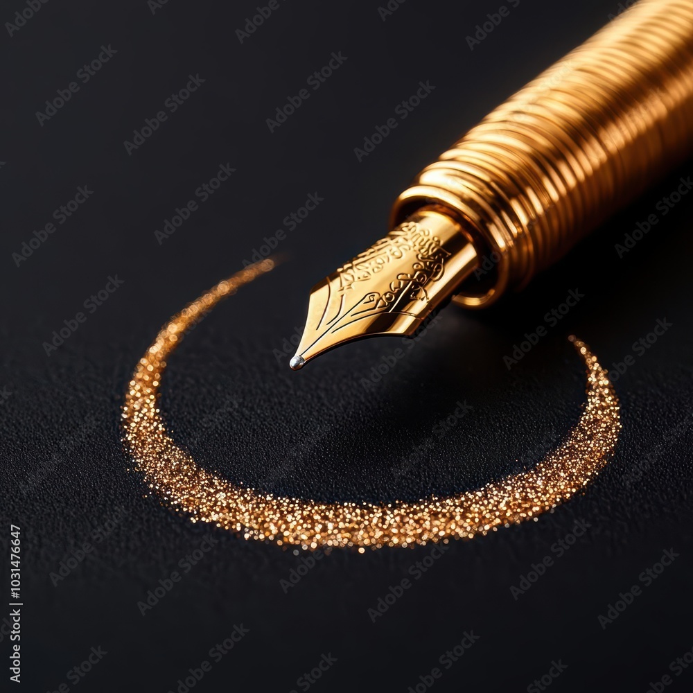 Aufkleber close-up of a fountain pen nib creating a sparkling gold swirl on dark background.