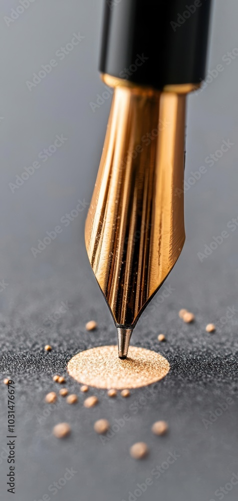 Aufkleber close-up of a fountain pen nib creating ink droplets on a smooth surface.