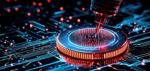 Fototapeta premium Close-up of a futuristic circuit board with a laser engraving process, high-tech innovation concept.
