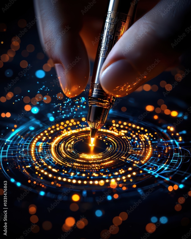 Poster close-up of a hand holding a pen creating glowing digital patterns.