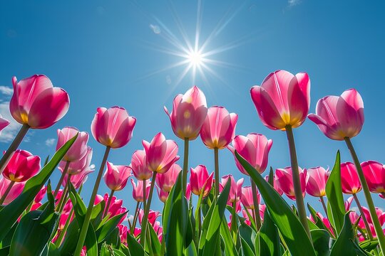 A field of pink tulips with the sun in the background