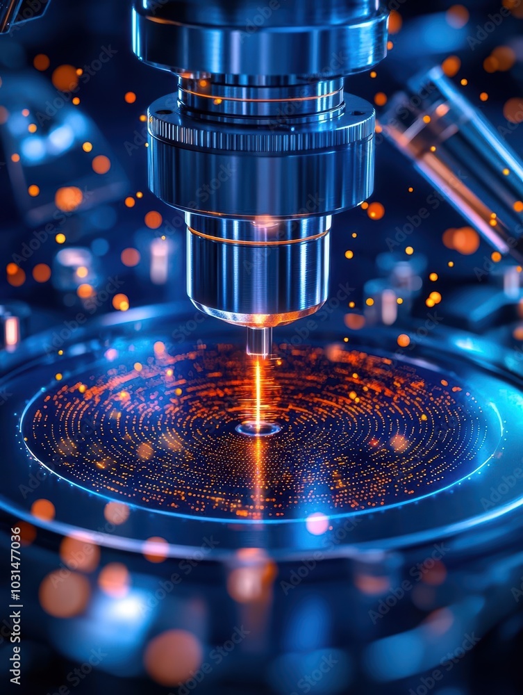 Poster close-up of a microscope with intricate details and glowing particles, isolated on a dark background
