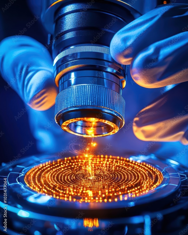 Poster close-up of a microscope lens capturing glowing particles on a slide with a blue backdrop.
