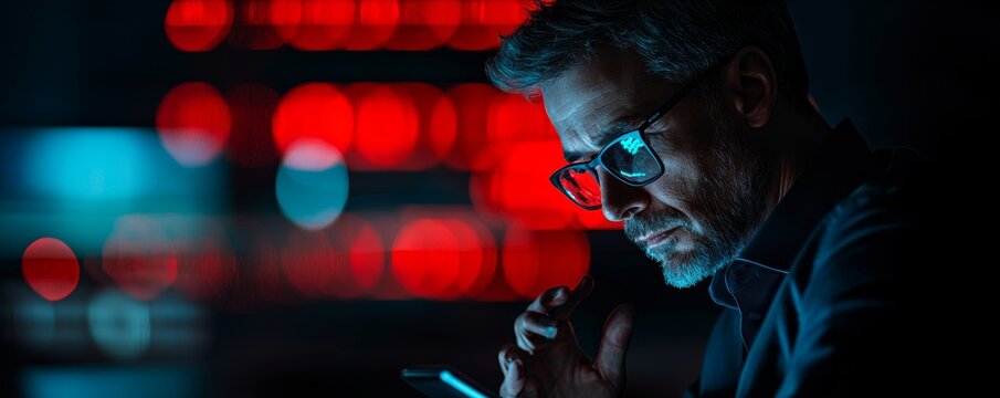 A concerned executive in glasses holds a phone, illuminated by red warning lights in the background, suggesting cybersecurity or crisis.