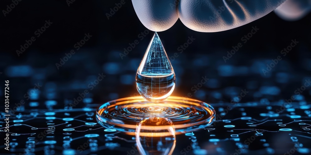 Poster close-up of a water droplet falling onto a surface, showcasing intricate reflections and digital pat