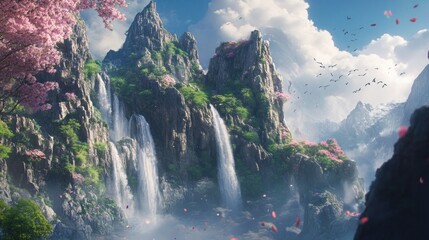 A stunning digital art depiction of a majestic waterfall cascading down a mountainside amidst lush greenery and a sky filled with fluffy clouds, with cherry blossoms falling from trees.
