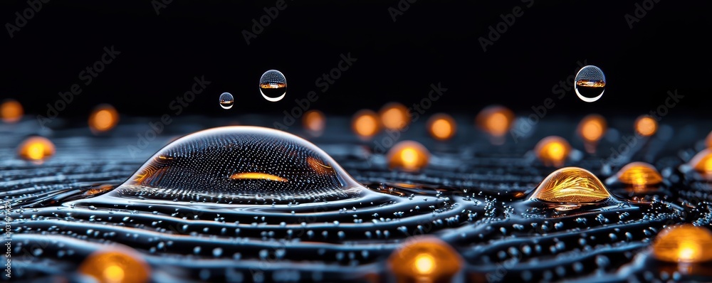 Poster close-up of water droplets on a surface, creating a mesmerizing pattern with golden reflections agai