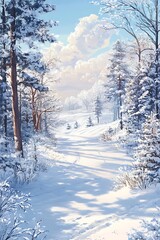 Obraz premium Crisp White Snowfall in a Peaceful Winter Landscape - A Serene Scene of Snow-Covered Trees and Tranquility