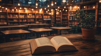 Obraz premium Cozy library scene with an open book on a wooden table, surrounded by warm lighting and bookshelves, creating a peaceful reading ambiance.