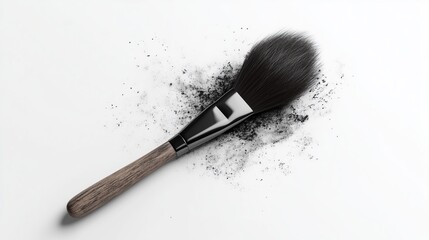 A makeup brush with black powder scattered around it on a white surface