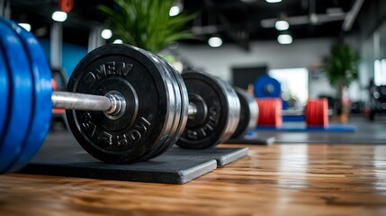 Fototapeta premium Competitive weightlifting setup with heavy barbells and platforms in a well lit gymnasium showcasing the equipment and environment for a high intensity strength training competition