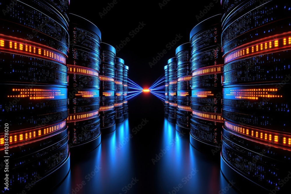 Poster futuristic data center with glowing servers and light beams, representing advanced technology and da