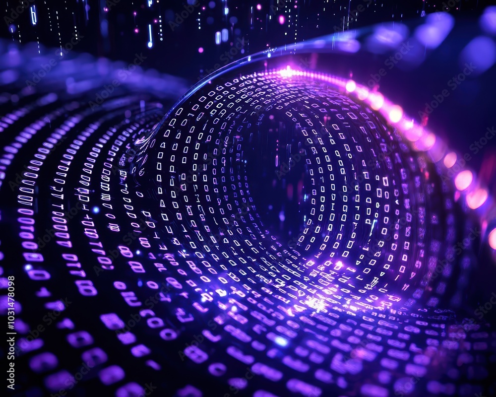 Poster futuristic digital wave with binary numbers and purple light effects, abstract representation of dat