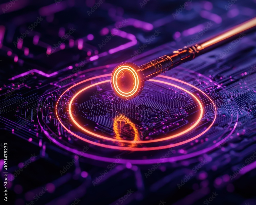 Poster futuristic technology art with glowing circuits and a luminous tool on a digital background.