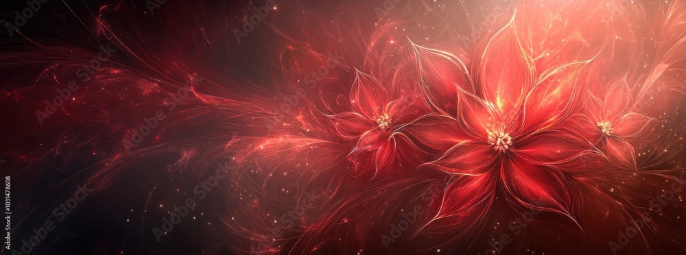 Poster abstract red flowers with soft glow and bokeh.