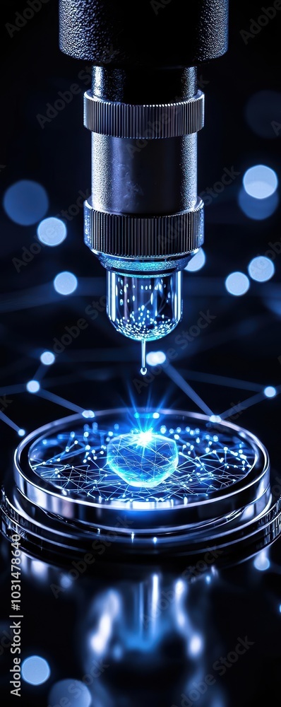 Poster high-tech microscope focusing on a digital microchip with blue light effects.