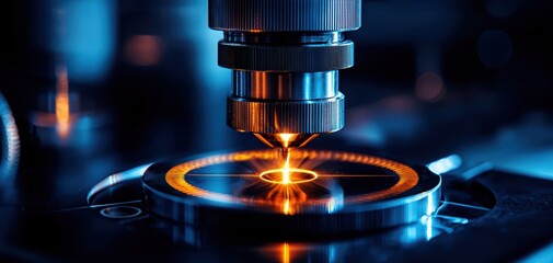 High-tech laser cutting process with vibrant colors and precision machinery in action.