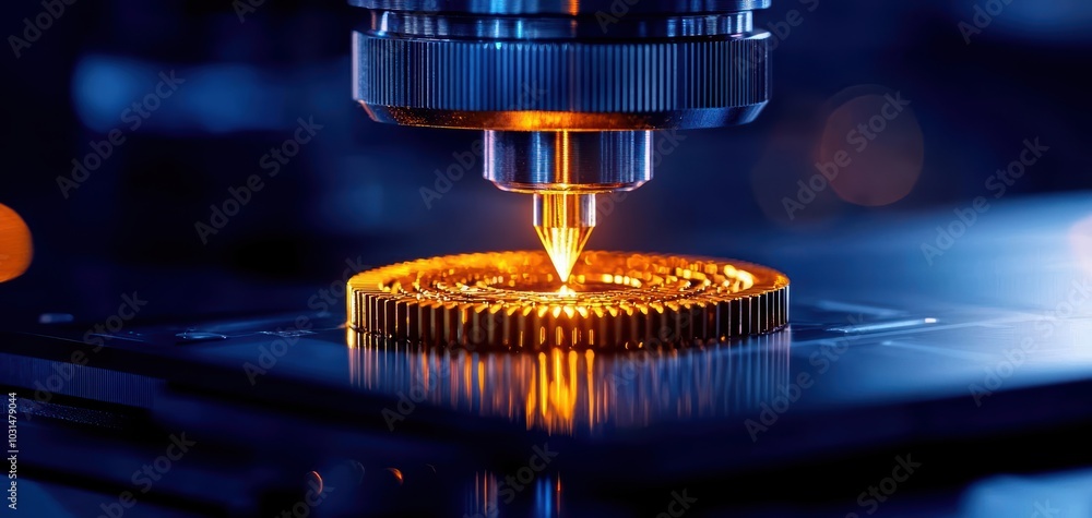 Aufkleber precision laser cutting of a metallic gear with advanced machinery in a modern workshop setting.