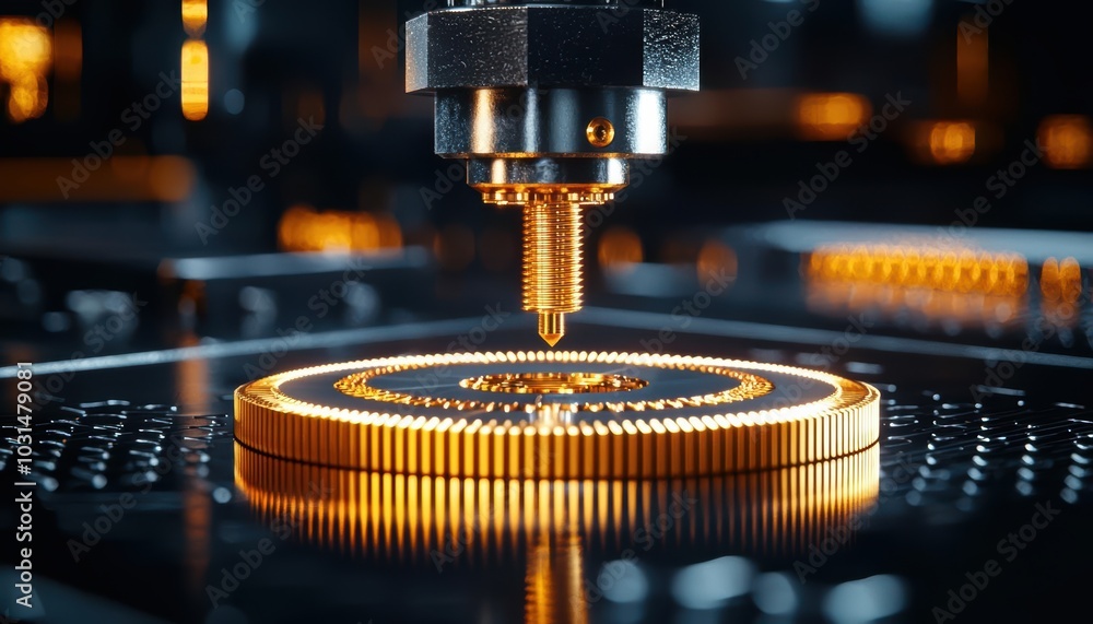 Poster precision machining process in a modern workshop with advanced equipment and glowing workpiece.