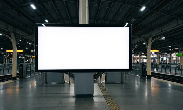 A large blank billboard with a white screen stands in the middle of a modern train station platform, surrounded by industrial architecture and fluorescent lights, waiting for an advertisement