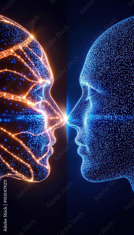 Poster two digital faces with glowing lines, representing communication and connection, on a dark backgroun