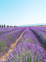 Naklejka premium Sunlit Lavender Field in Bloom - Captivating Landscape with Rows of Purple Flowers Under Blue Sky