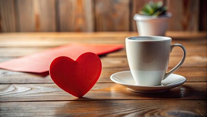 Forced perspective red and white paper heart next to cup on table