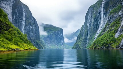 A misty fjord with towering cliffs and cascading waterfalls, reflecting in the calm water.