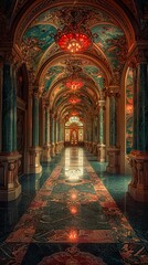 Obraz premium Grand Hall with Ornate Details and Stained Glass Window