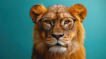 A lion wearing glasses poses against a teal background, showcasing its unique character and majestic appearance