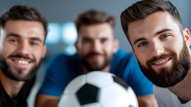 Close up view of a sports league meeting with players gathered around a soccer ball discussing and strategizing game plans and tactics for an upcoming match or tournament - Powered by Adobe