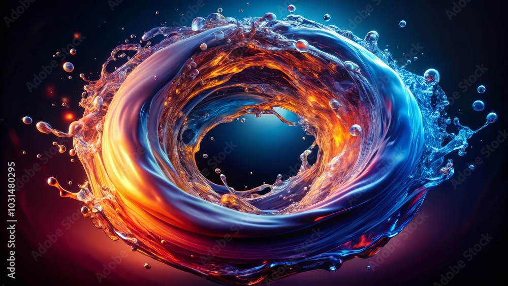 Poster fluid dynamics manifesting in circular abstract designs.