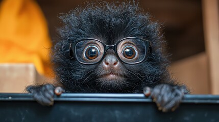A playful black monkey wearing glasses curiously peering over the edge of a container in a cozy indoor setting