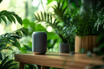modern gray speaker on wooden table with lush green plants  in natural light