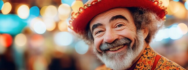 Cheerful man with a red hat and a white beard smiling in a carnival setting.