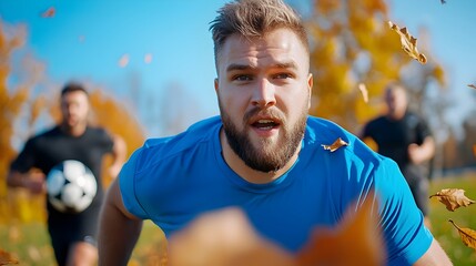 Elite soccer team running drills and exercises on a colorful autumnal sports field during pre season training camp