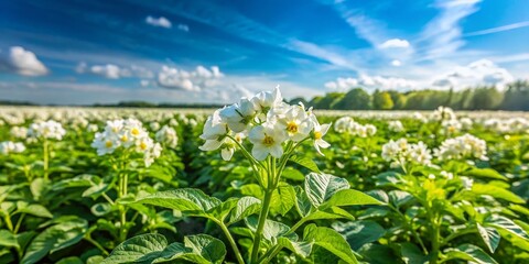 Lush Dutch Potato Fields in Bloom &ndash; Macro Photography of Green Plants and White Flowers