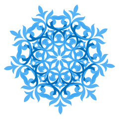 Snowflake template. Snowflake icon. Blue Snowflake. Snow winter. Merry Christmas and happy new year greeting card design element. Vector illustration isolated on white. Winter background