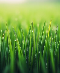 Obraz premium Refreshing Green Field with Morning Dew: Sparkling Nature for Wellness and Nature Enthusiasts
